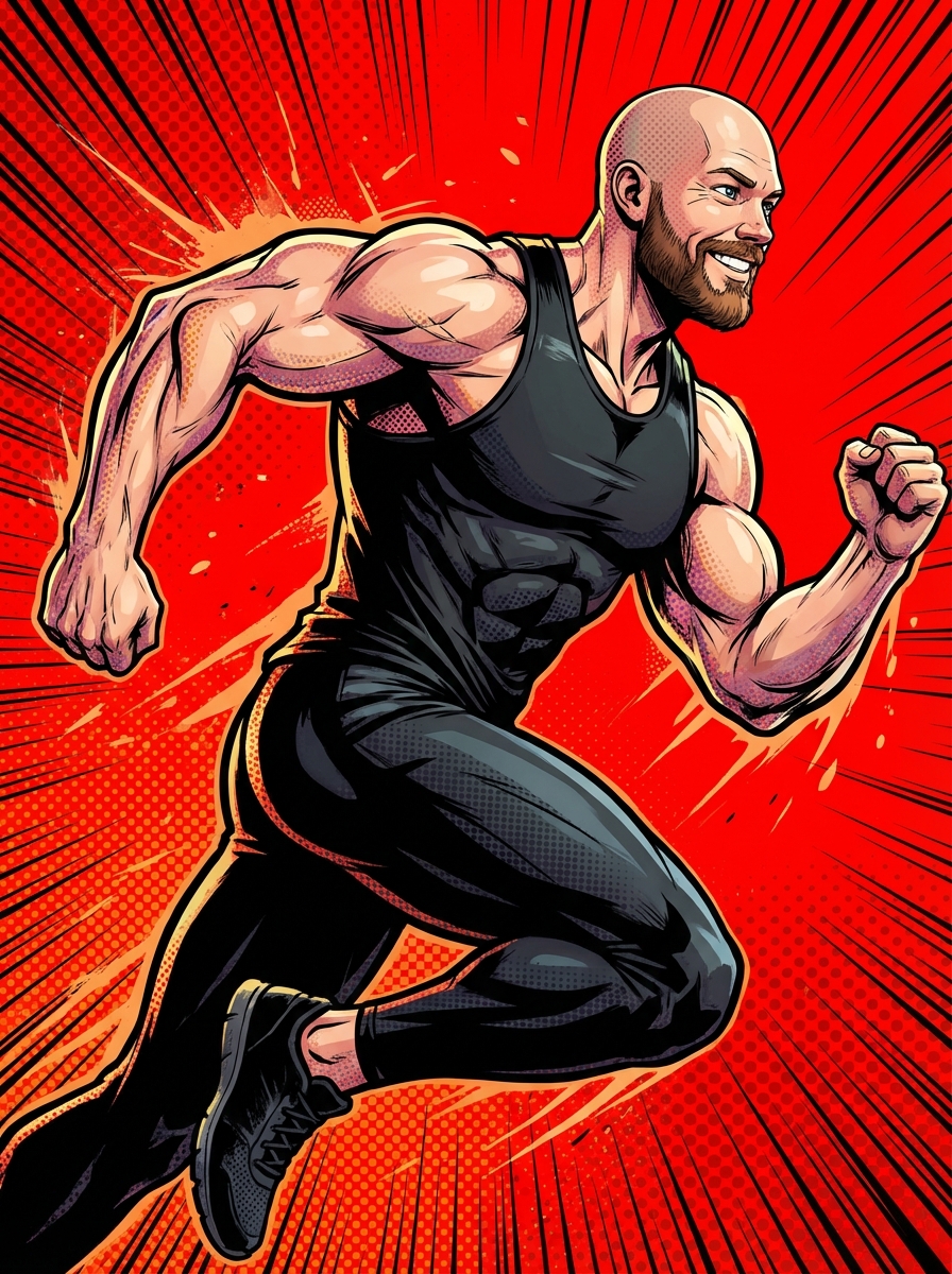 Zhenya in comic running pose